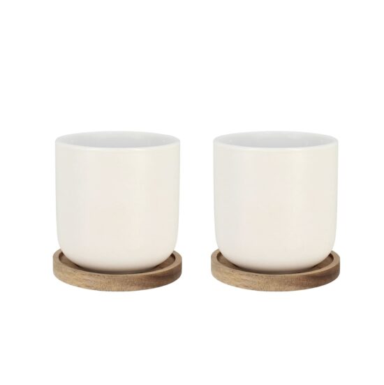 Set de 2 Mugs en Porcelaine avec Support en Acacia