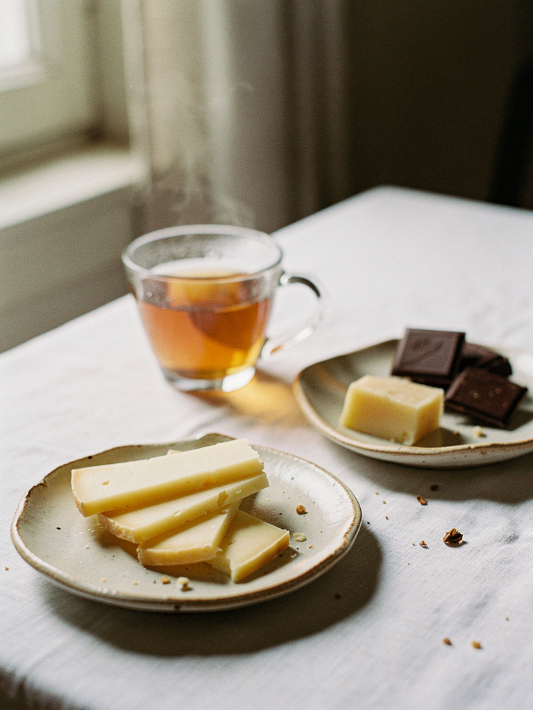 Accord mets et thé : comté, chocolat noir et liqueur ambrée (illustration)