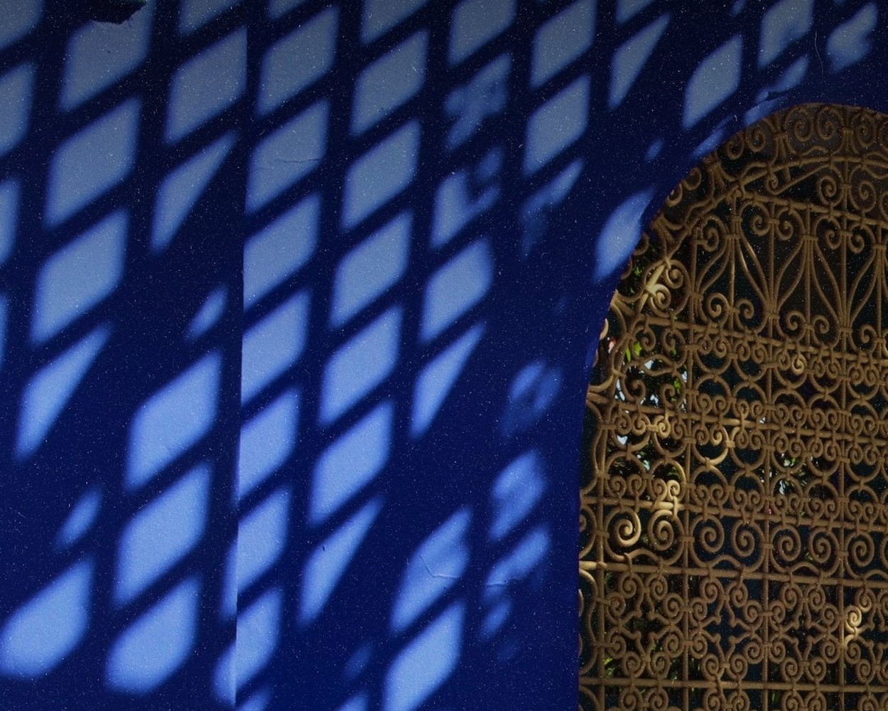 Ombres bleues et grille dorée du jardin Majorelle